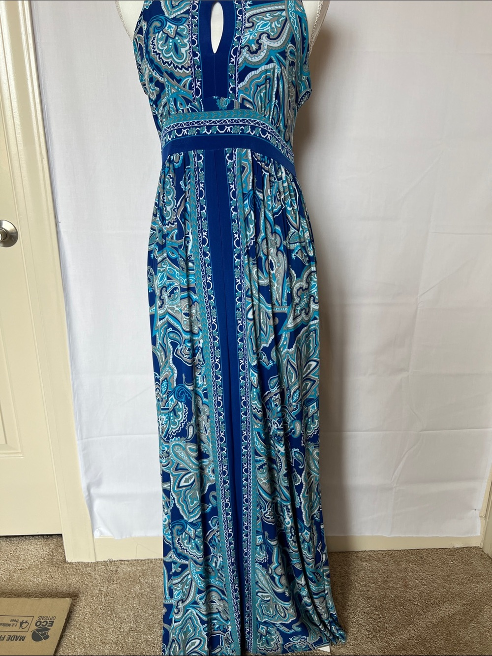 Blue Paisley Halter Maxi Dress with Keyhole Detail